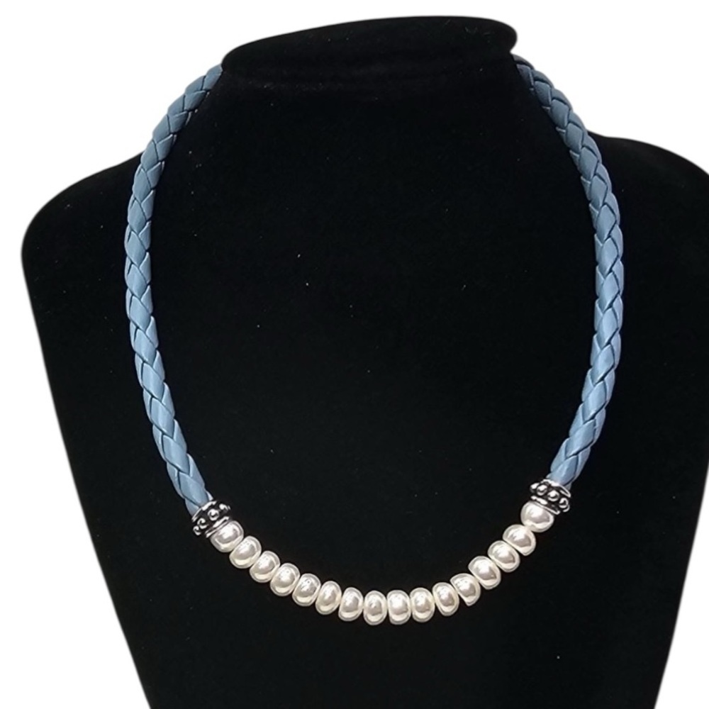 Honora Fresh Water Pearl Blue Braided Leather & 925 Silver Necklace 18”